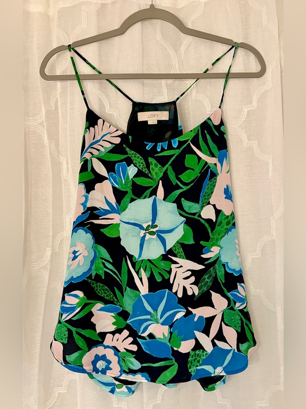 LOFT Tropical Floral Tie Back Cami Tank Top Small Black Blue Green
